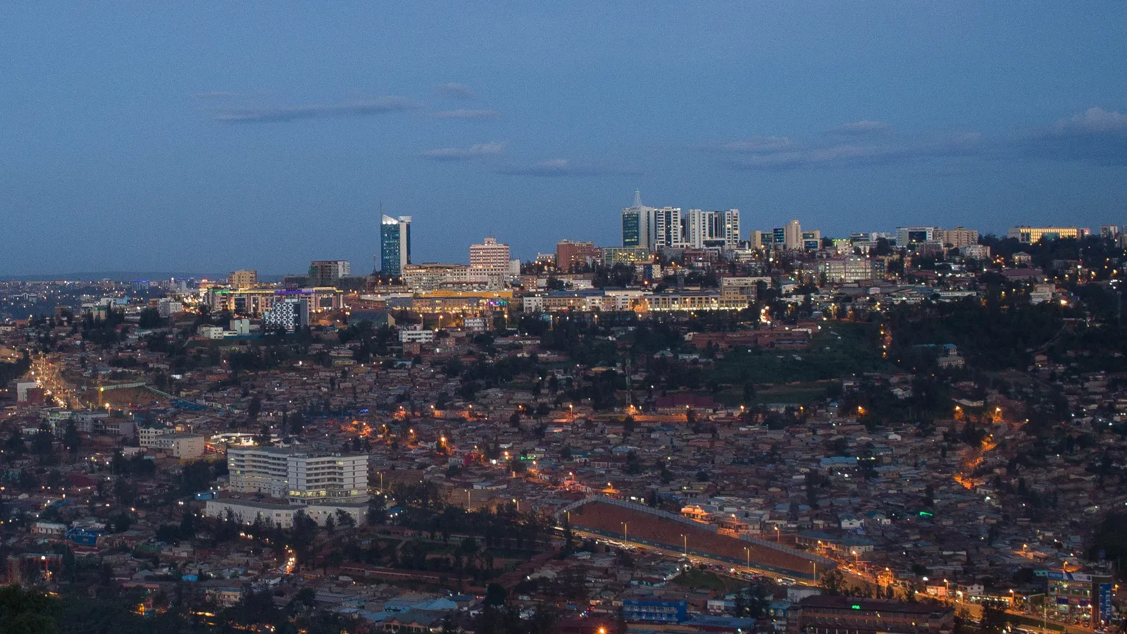 The skyline of central Kigali, Rwanda, with office towers on the hills