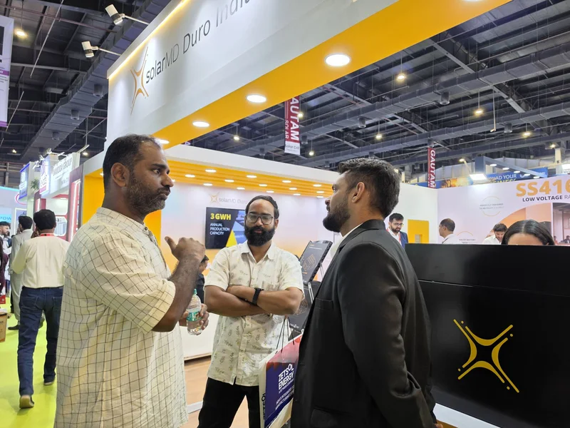 Solar MD Duro India trade show stand displaying 3 GWh annual production capacity