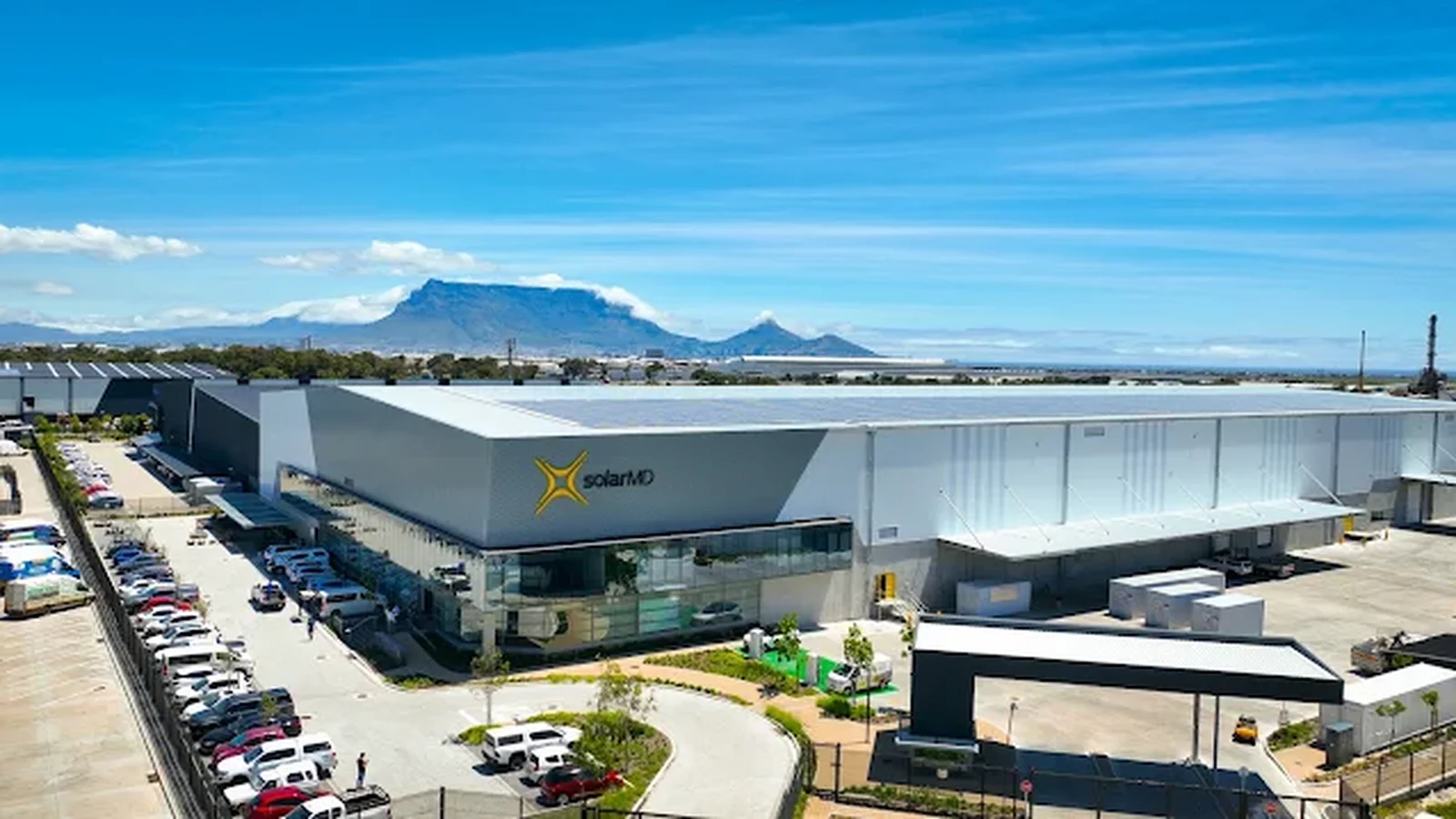 Solar MD battery plant in Cape Town with Table Mountain in the background